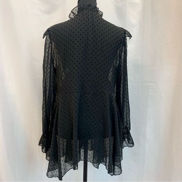 ZARA black mesh polka dot ruffle frill sheer lace long sleeve blouse Sz M - Picture 5 of 11